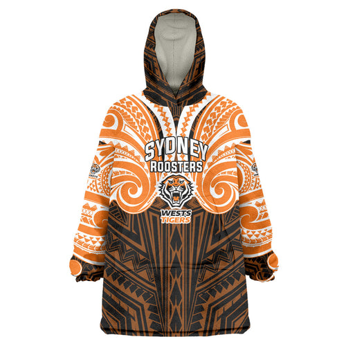 Custom Wests Tigers Wearable Blanket Hoodie TigerWarrior Polynesia Islander Rugby Mascot