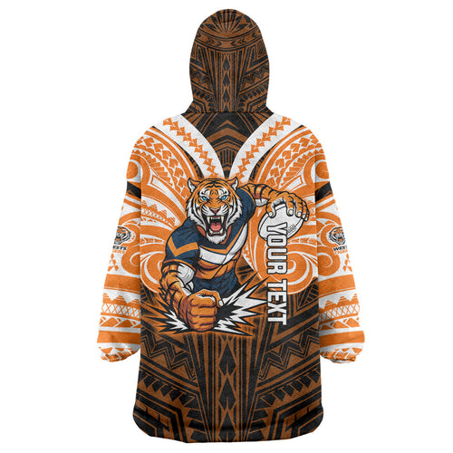 Custom Wests Tigers Wearable Blanket Hoodie TigerWarrior Polynesia Islander Rugby Mascot