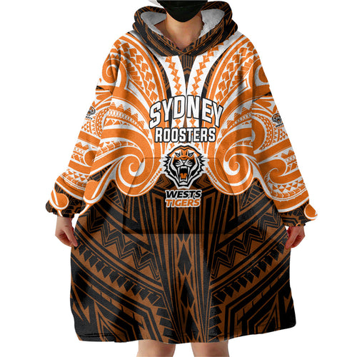 Custom Wests Tigers Wearable Blanket Hoodie TigerWarrior Polynesia Islander Rugby Mascot