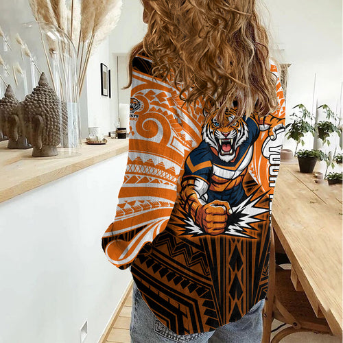 Custom Wests Tigers Women Casual Shirt TigerWarrior Polynesia Islander Rugby Mascot