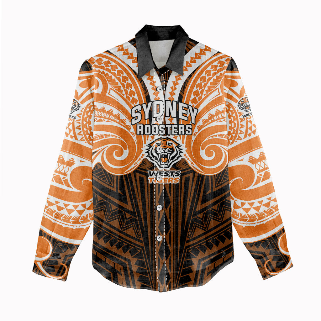 Custom Wests Tigers Women Casual Shirt TigerWarrior Polynesia Islander Rugby Mascot