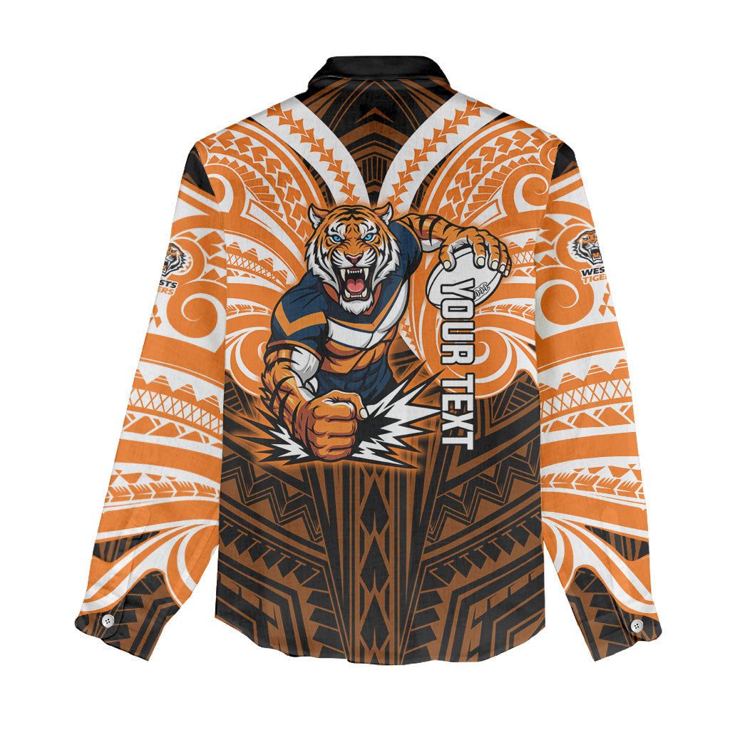 Custom Wests Tigers Women Casual Shirt TigerWarrior Polynesia Islander Rugby Mascot