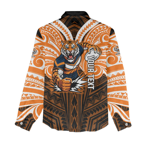 Custom Wests Tigers Women Casual Shirt TigerWarrior Polynesia Islander Rugby Mascot