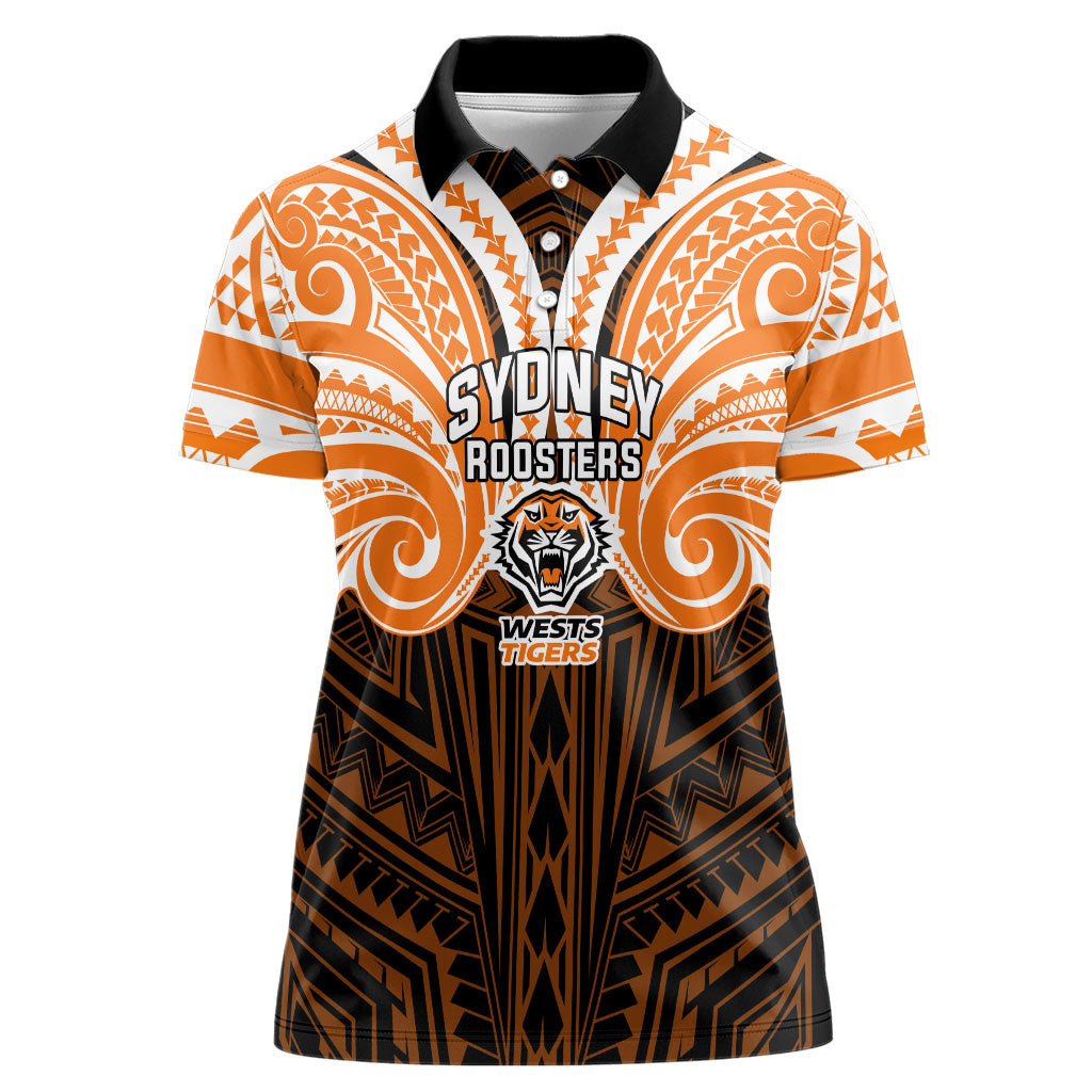 Custom Wests Tigers Women Polo Shirt TigerWarrior Polynesia Islander Rugby Mascot