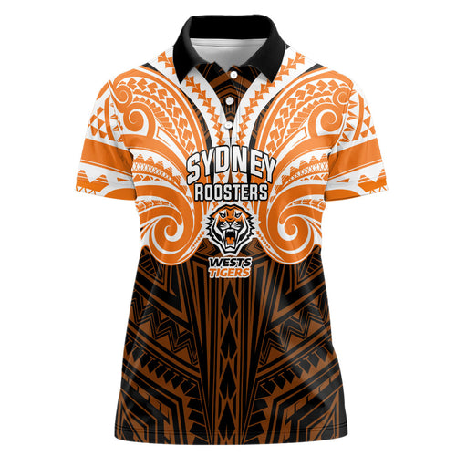 Custom Wests Tigers Women Polo Shirt TigerWarrior Polynesia Islander Rugby Mascot