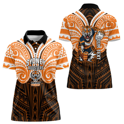 Custom Wests Tigers Women Polo Shirt TigerWarrior Polynesia Islander Rugby Mascot