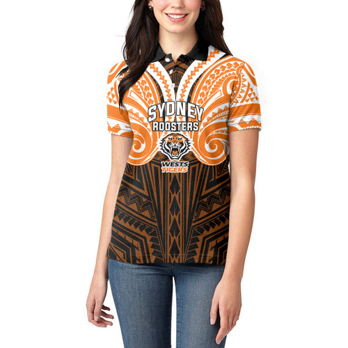 Custom Wests Tigers Women Polo Shirt TigerWarrior Polynesia Islander Rugby Mascot
