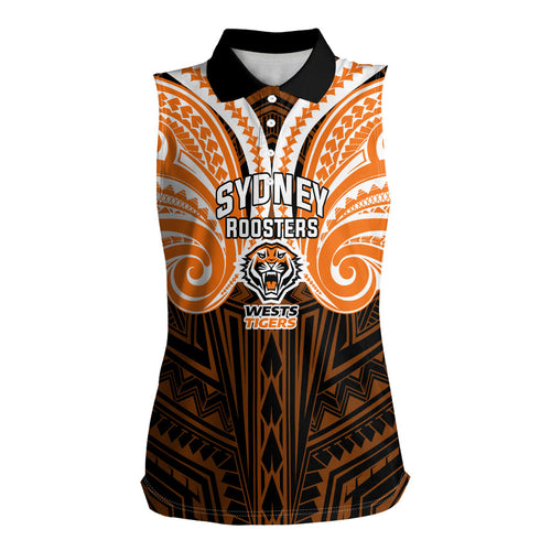 Custom Wests Tigers Women Sleeveless Polo Shirt TigerWarrior Polynesia Islander Rugby Mascot
