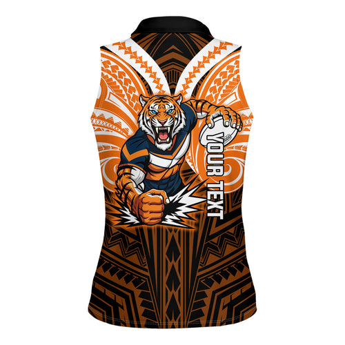 Custom Wests Tigers Women Sleeveless Polo Shirt TigerWarrior Polynesia Islander Rugby Mascot