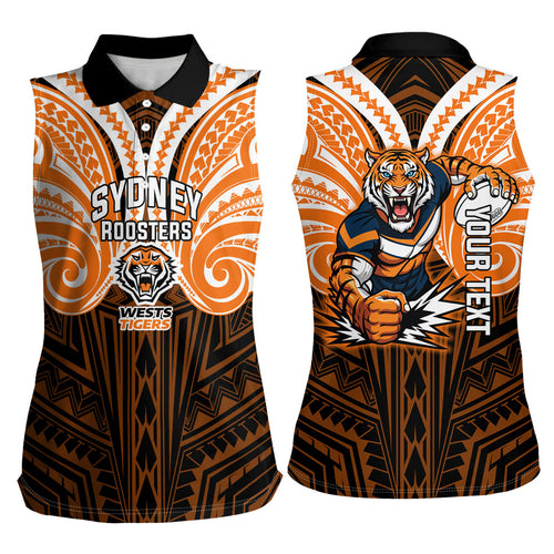 Custom Wests Tigers Women Sleeveless Polo Shirt TigerWarrior Polynesia Islander Rugby Mascot