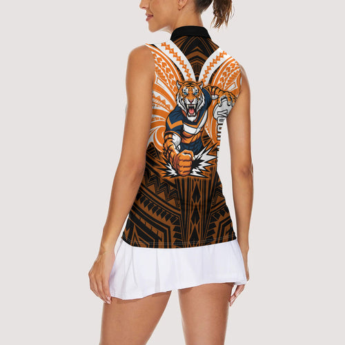 Custom Wests Tigers Women Sleeveless Polo Shirt TigerWarrior Polynesia Islander Rugby Mascot