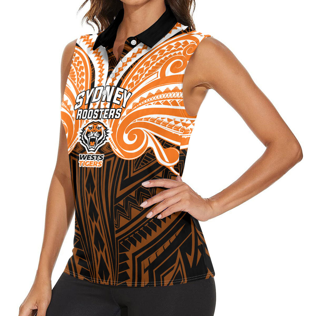 Custom Wests Tigers Women Sleeveless Polo Shirt TigerWarrior Polynesia Islander Rugby Mascot