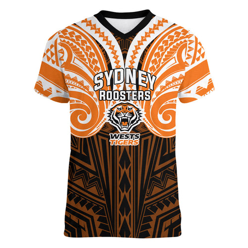 Custom Wests Tigers Women V-Neck T-Shirt TigerWarrior Polynesia Islander Rugby Mascot