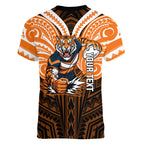 Custom Wests Tigers Women V-Neck T-Shirt TigerWarrior Polynesia Islander Rugby Mascot