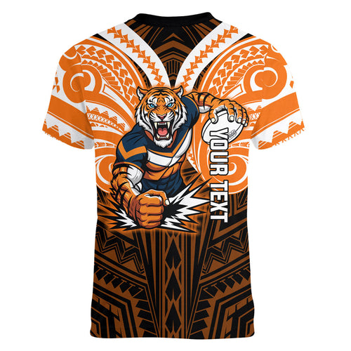 Custom Wests Tigers Women V-Neck T-Shirt TigerWarrior Polynesia Islander Rugby Mascot