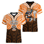 Custom Wests Tigers Women V-Neck T-Shirt TigerWarrior Polynesia Islander Rugby Mascot