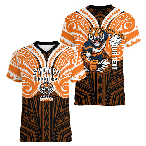 Custom Wests Tigers Women V-Neck T-Shirt TigerWarrior Polynesia Islander Rugby Mascot