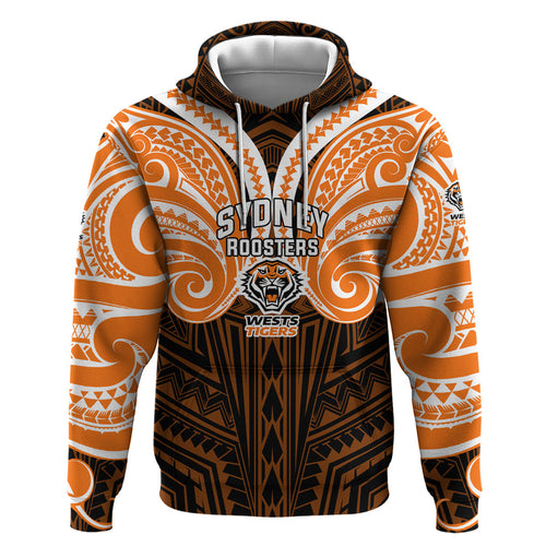 Custom Wests Tigers Zip Hoodie TigerWarrior Polynesia Islander Rugby Mascot