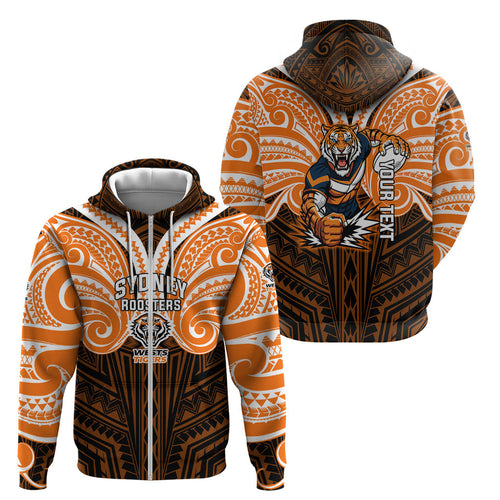 Custom Wests Tigers Zip Hoodie TigerWarrior Polynesia Islander Rugby Mascot