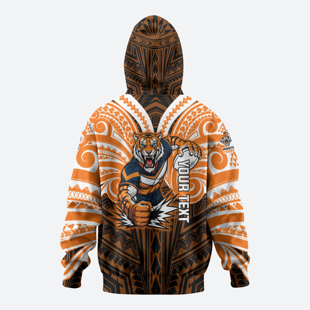 Custom Wests Tigers Zip Hoodie TigerWarrior Polynesia Islander Rugby Mascot
