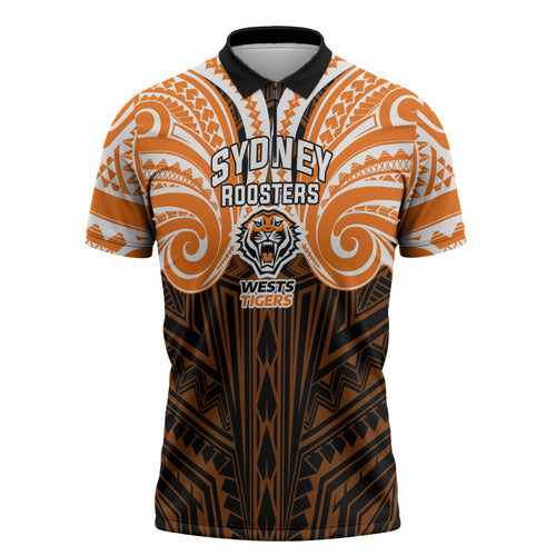 Custom Wests Tigers Zipper Polo Shirt TigerWarrior Polynesia Islander Rugby Mascot