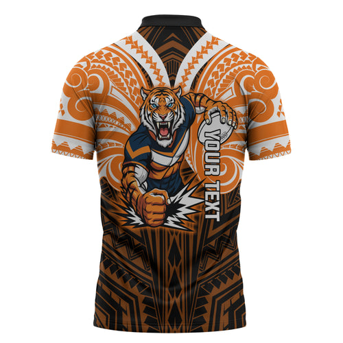 Custom Wests Tigers Zipper Polo Shirt TigerWarrior Polynesia Islander Rugby Mascot