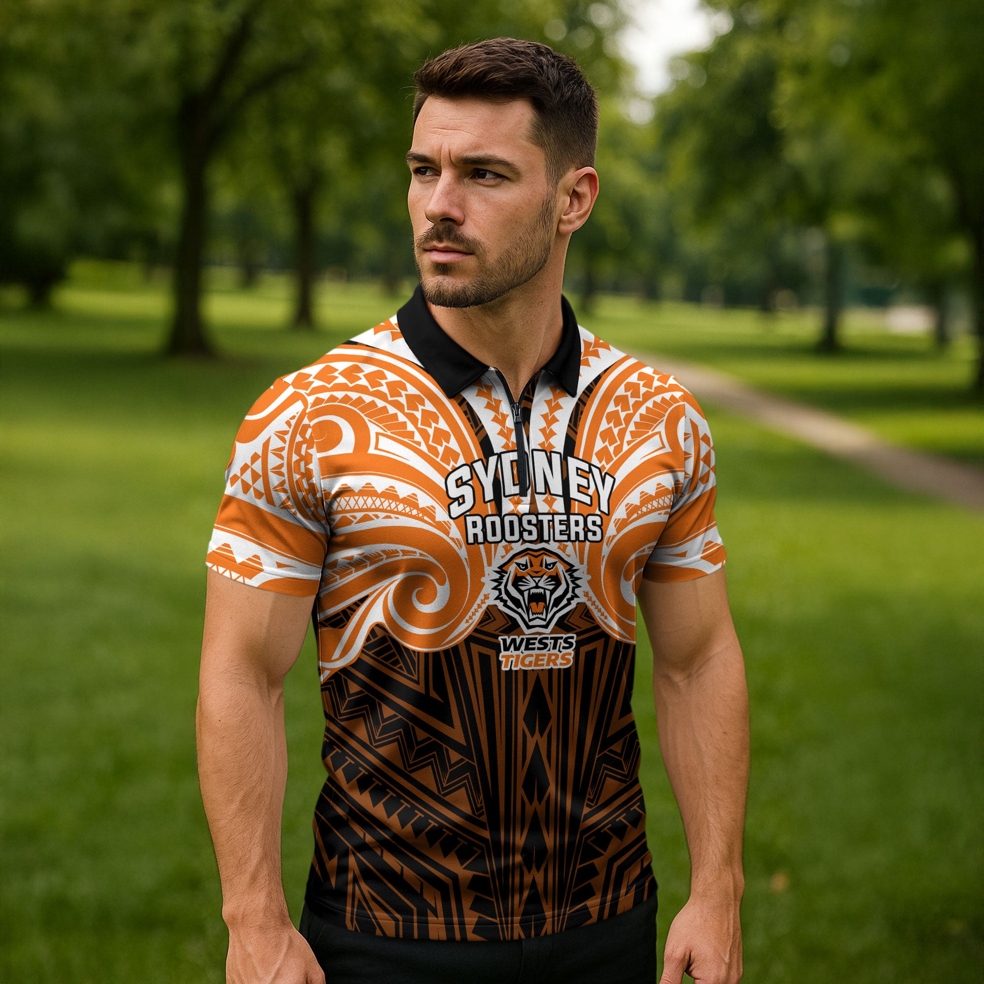 Custom Wests Tigers Zipper Polo Shirt TigerWarrior Polynesia Islander Rugby Mascot