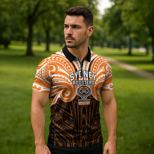 Custom Wests Tigers Zipper Polo Shirt TigerWarrior Polynesia Islander Rugby Mascot