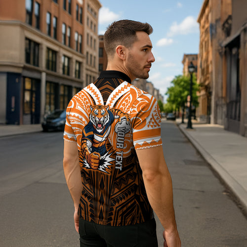 Custom Wests Tigers Zipper Polo Shirt TigerWarrior Polynesia Islander Rugby Mascot