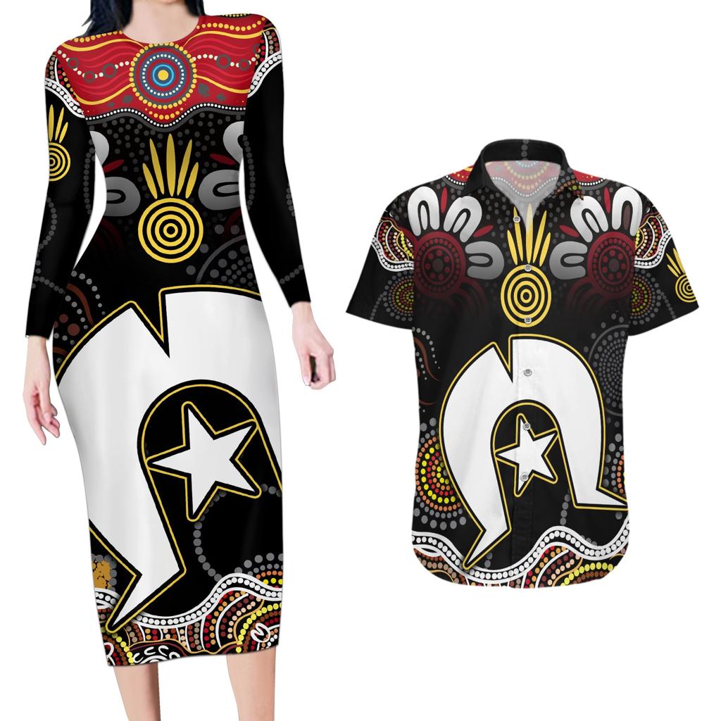 Torest Trait Islands Mix Aboriginal Pattern Couples Matching Long Sleeve Bodycon Dress and Hawaiian Shirt