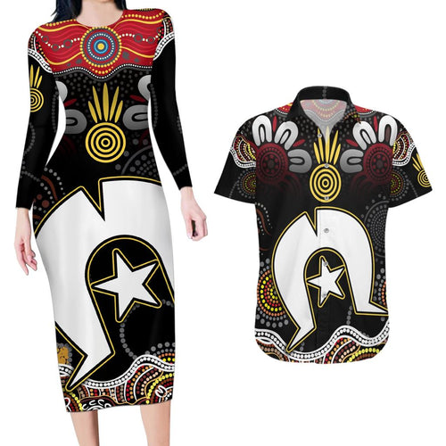 Torest Trait Islands Mix Aboriginal Pattern Couples Matching Long Sleeve Bodycon Dress and Hawaiian Shirt