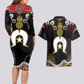 Torest Trait Islands Mix Aboriginal Pattern Couples Matching Long Sleeve Bodycon Dress and Hawaiian Shirt