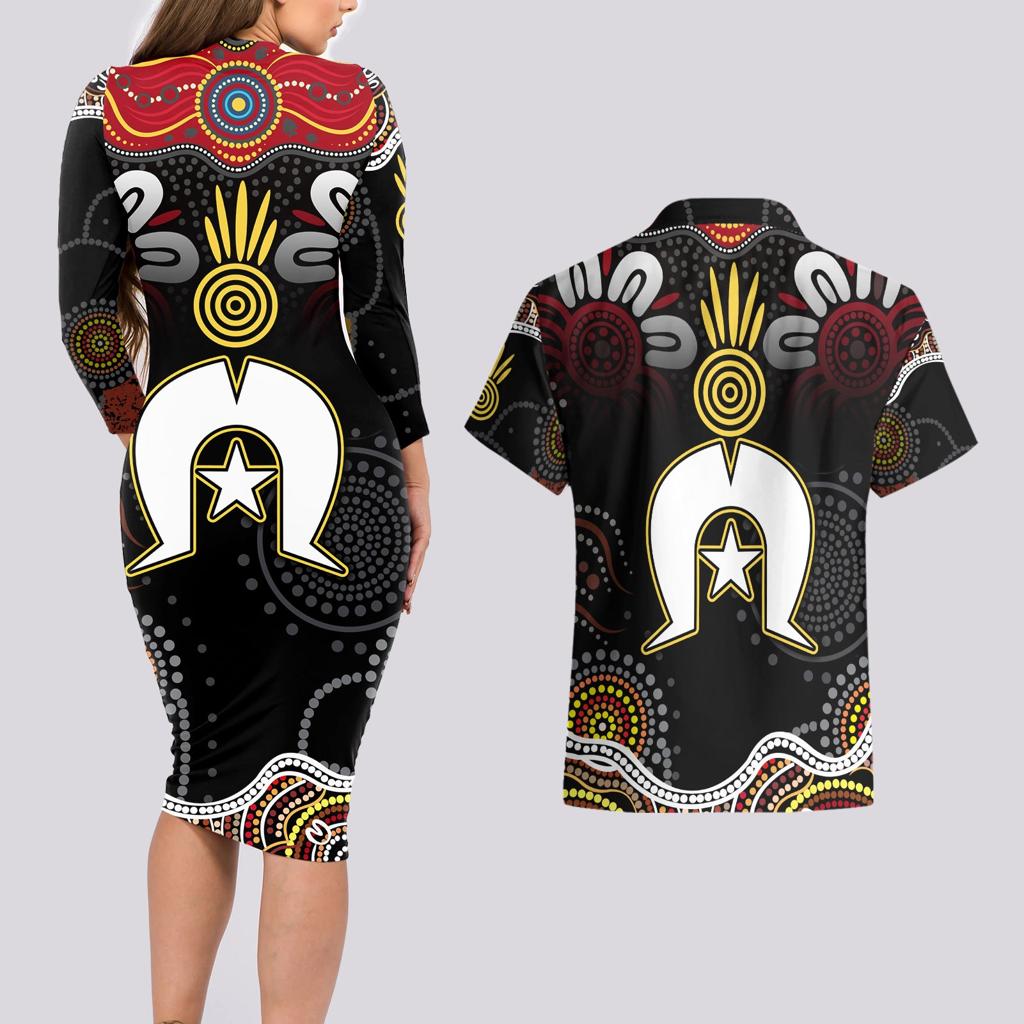 Torest Trait Islands Mix Aboriginal Pattern Couples Matching Long Sleeve Bodycon Dress and Hawaiian Shirt