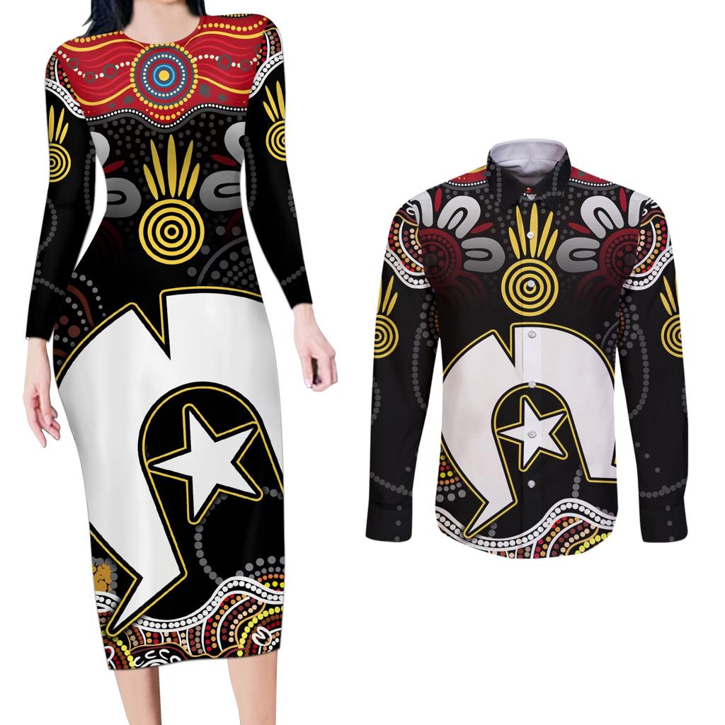 Torest Trait Islands Mix Aboriginal Pattern Couples Matching Long Sleeve Bodycon Dress and Long Sleeve Button Shirt