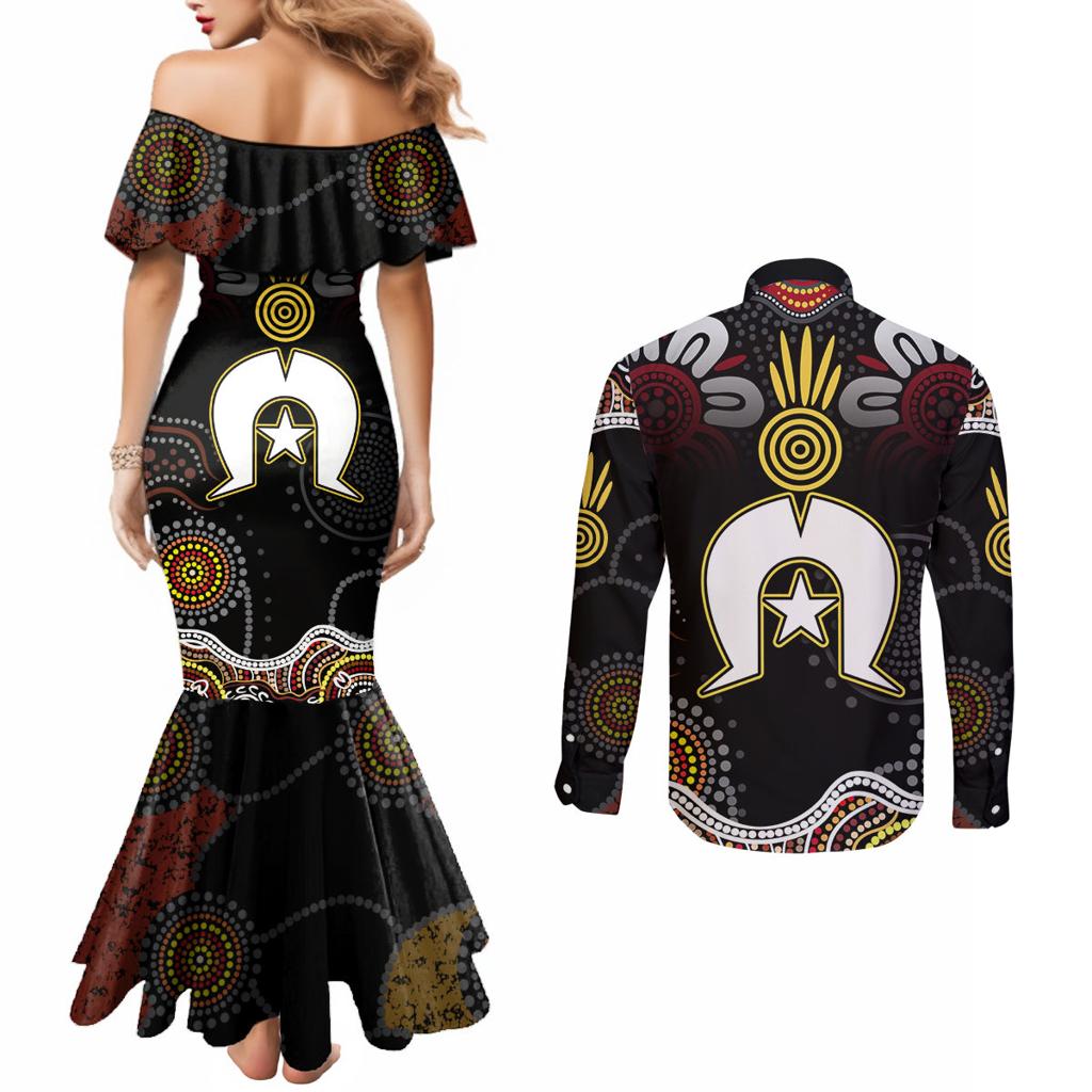 Torest Trait Islands Mix Aboriginal Pattern Couples Matching Mermaid Dress and Long Sleeve Button Shirt