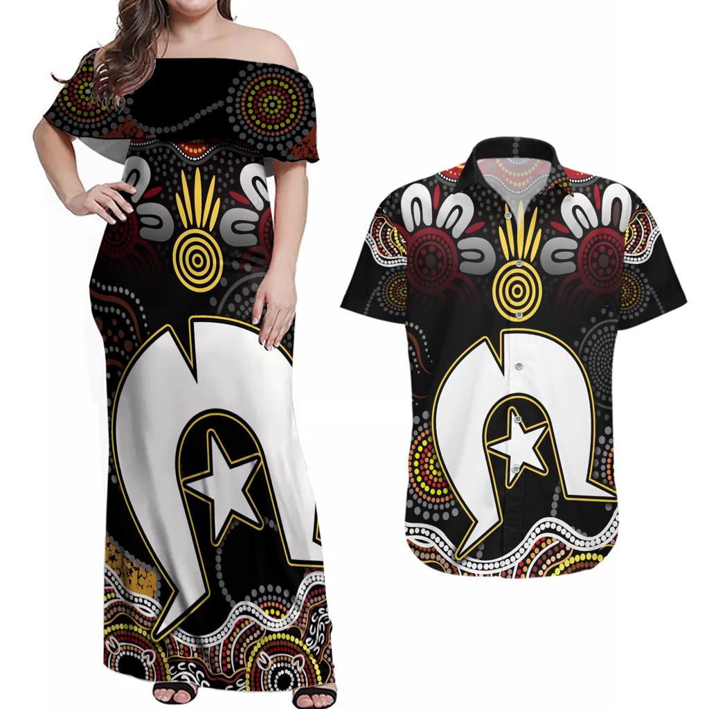 Torest Trait Islands Mix Aboriginal Pattern Couples Matching Off Shoulder Maxi Dress and Hawaiian Shirt