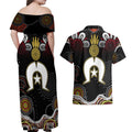 Torest Trait Islands Mix Aboriginal Pattern Couples Matching Off Shoulder Maxi Dress and Hawaiian Shirt