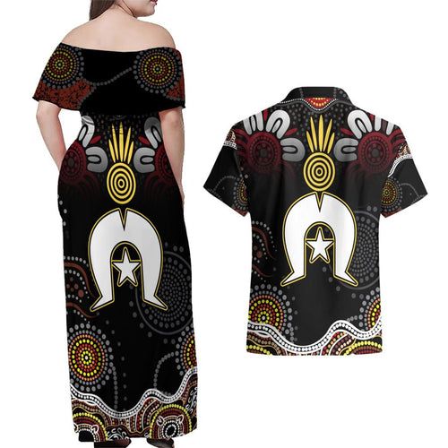 Torest Trait Islands Mix Aboriginal Pattern Couples Matching Off Shoulder Maxi Dress and Hawaiian Shirt