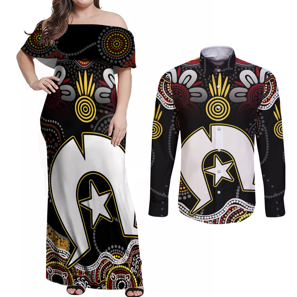 Torest Trait Islands Mix Aboriginal Pattern Couples Matching Off Shoulder Maxi Dress and Long Sleeve Button Shirt
