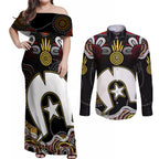 Torest Trait Islands Mix Aboriginal Pattern Couples Matching Off Shoulder Maxi Dress and Long Sleeve Button Shirt