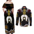 Torest Trait Islands Mix Aboriginal Pattern Couples Matching Off Shoulder Maxi Dress and Long Sleeve Button Shirt