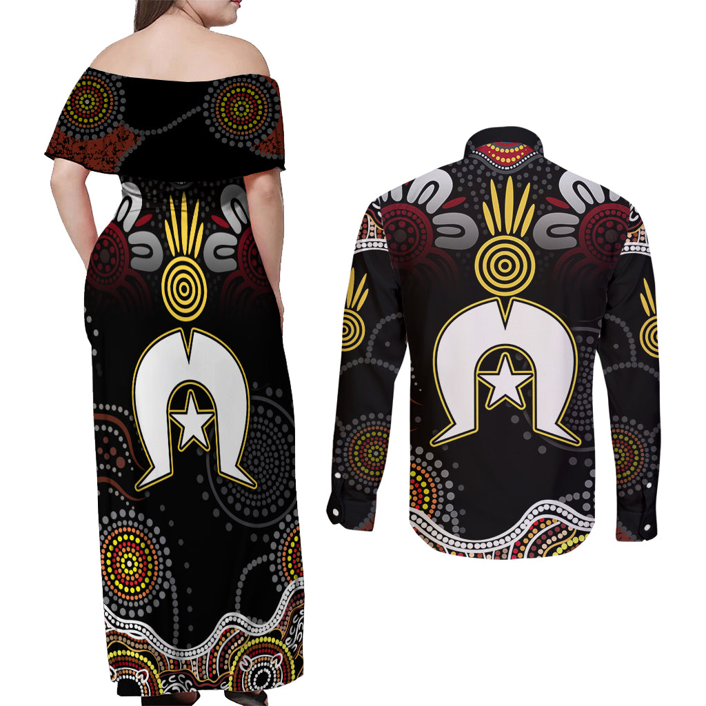 Torest Trait Islands Mix Aboriginal Pattern Couples Matching Off Shoulder Maxi Dress and Long Sleeve Button Shirt