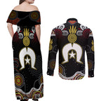 Torest Trait Islands Mix Aboriginal Pattern Couples Matching Off Shoulder Maxi Dress and Long Sleeve Button Shirt