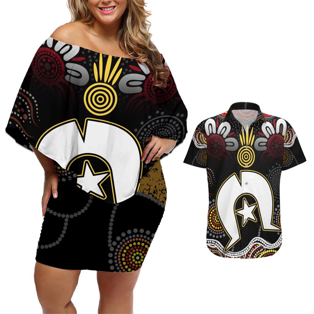 Torest Trait Islands Mix Aboriginal Pattern Couples Matching Off Shoulder Short Dress and Hawaiian Shirt