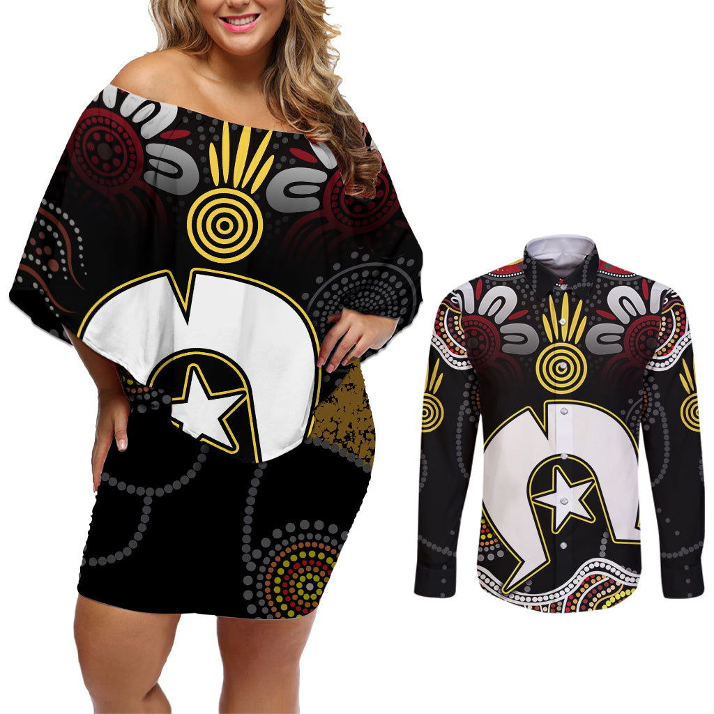 Torest Trait Islands Mix Aboriginal Pattern Couples Matching Off Shoulder Short Dress and Long Sleeve Button Shirt
