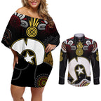 Torest Trait Islands Mix Aboriginal Pattern Couples Matching Off Shoulder Short Dress and Long Sleeve Button Shirt