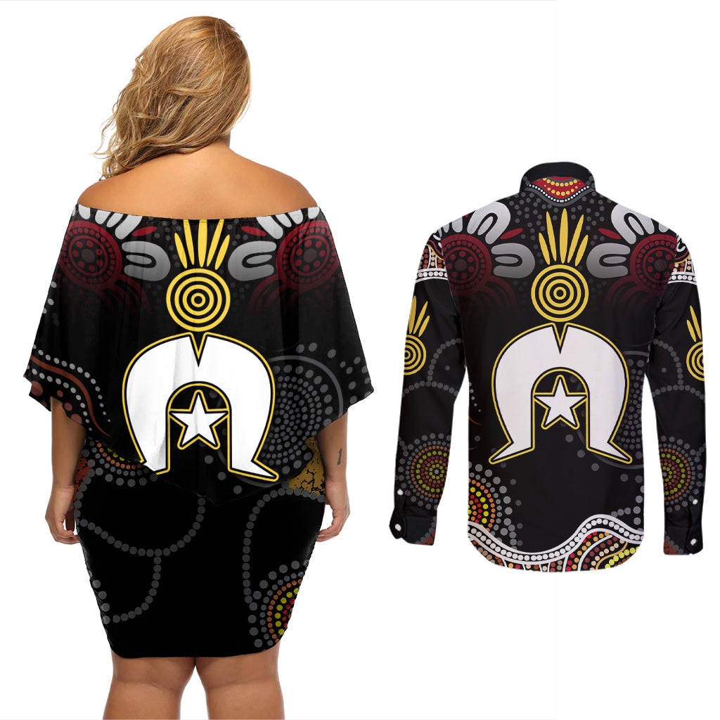 Torest Trait Islands Mix Aboriginal Pattern Couples Matching Off Shoulder Short Dress and Long Sleeve Button Shirt