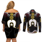 Torest Trait Islands Mix Aboriginal Pattern Couples Matching Off Shoulder Short Dress and Long Sleeve Button Shirt