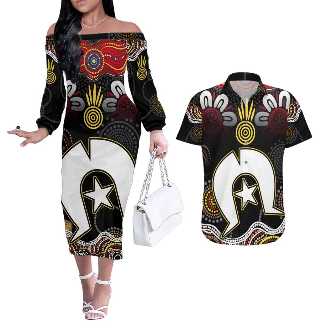 Torest Trait Islands Mix Aboriginal Pattern Couples Matching Off The Shoulder Long Sleeve Dress and Hawaiian Shirt