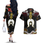 Torest Trait Islands Mix Aboriginal Pattern Couples Matching Off The Shoulder Long Sleeve Dress and Hawaiian Shirt